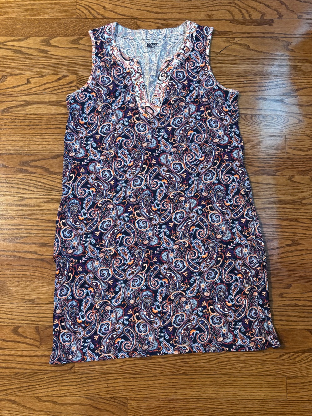 Lands’ End Navy Blue Paisley Sleeveless Cotton Shift Dress Women’s Size L 14-16